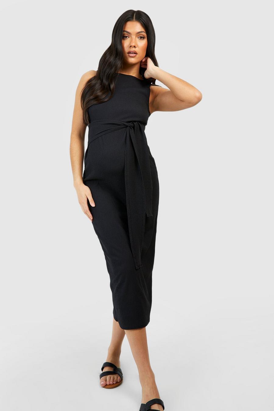 Black Maternity Textured Belted Midi Dress image number 1