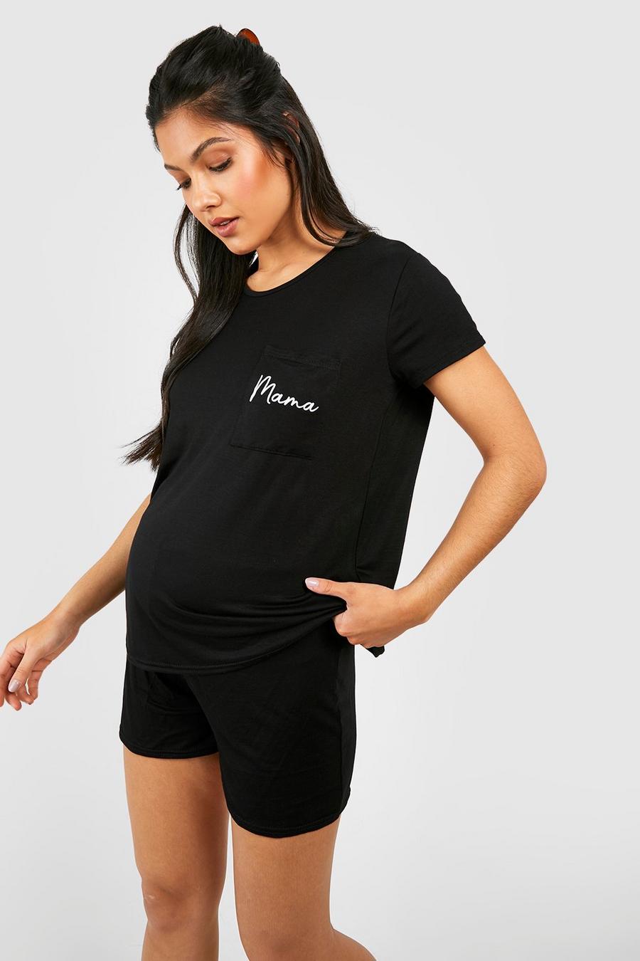 Black Maternity Mama T-Shirt Pajama Short Set image number 1