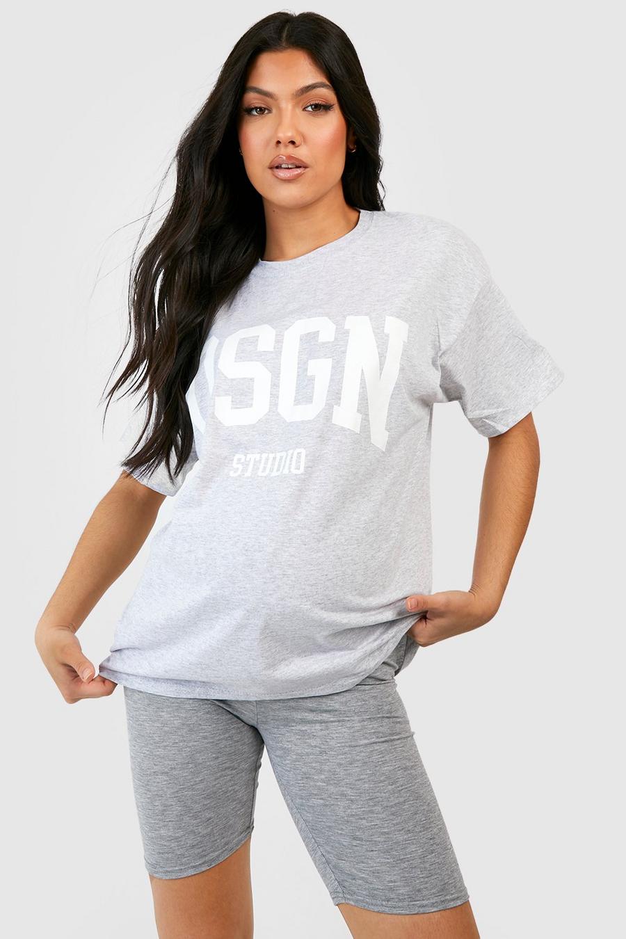 Maternité - Ensemble de grossesse à slogan Dsgn Studio avec t-shirt et short cycliste, Grey marl image number 1