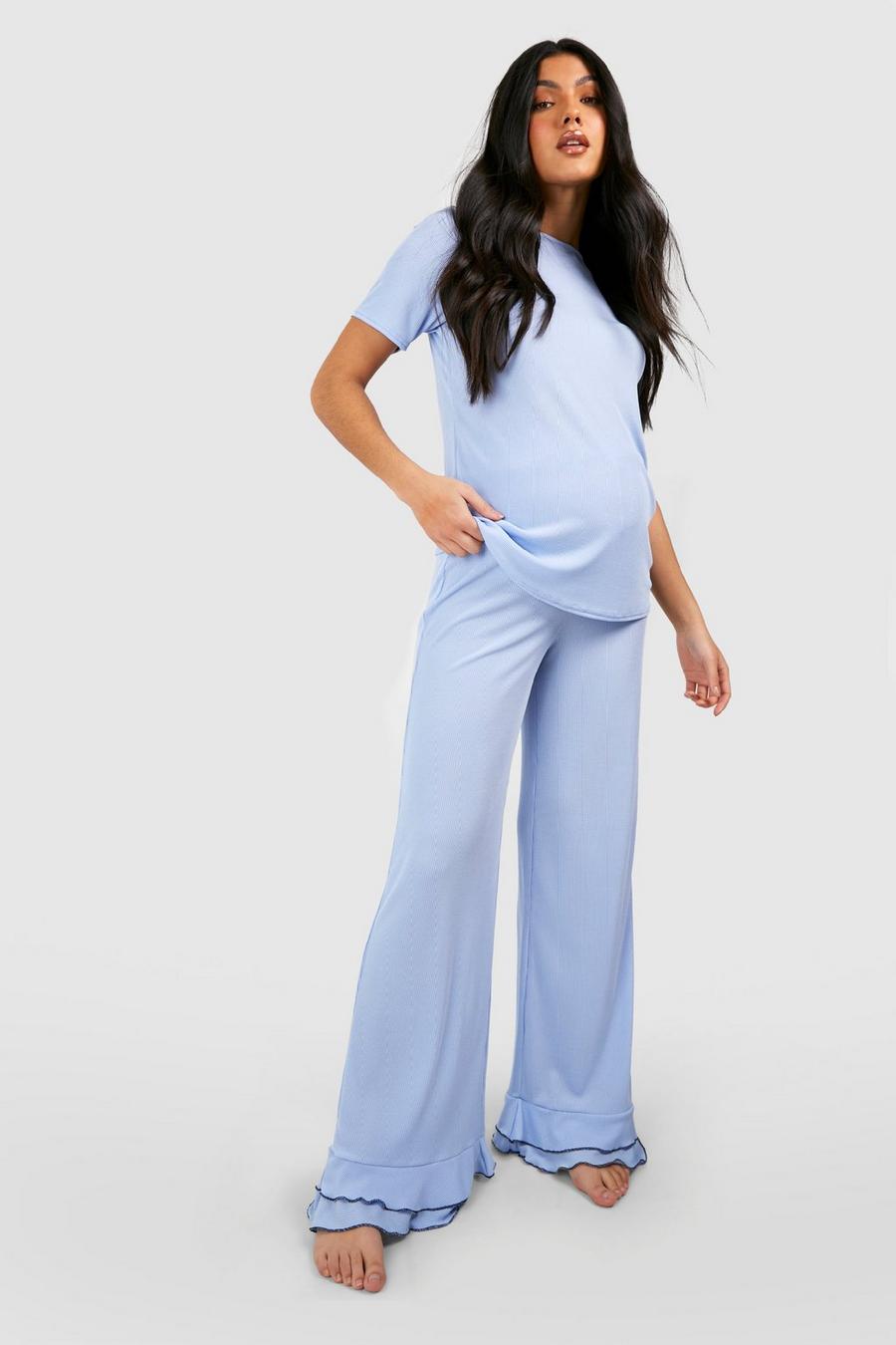 Blue Maternity Rib Ruffle Hem Pajama Set image number 1