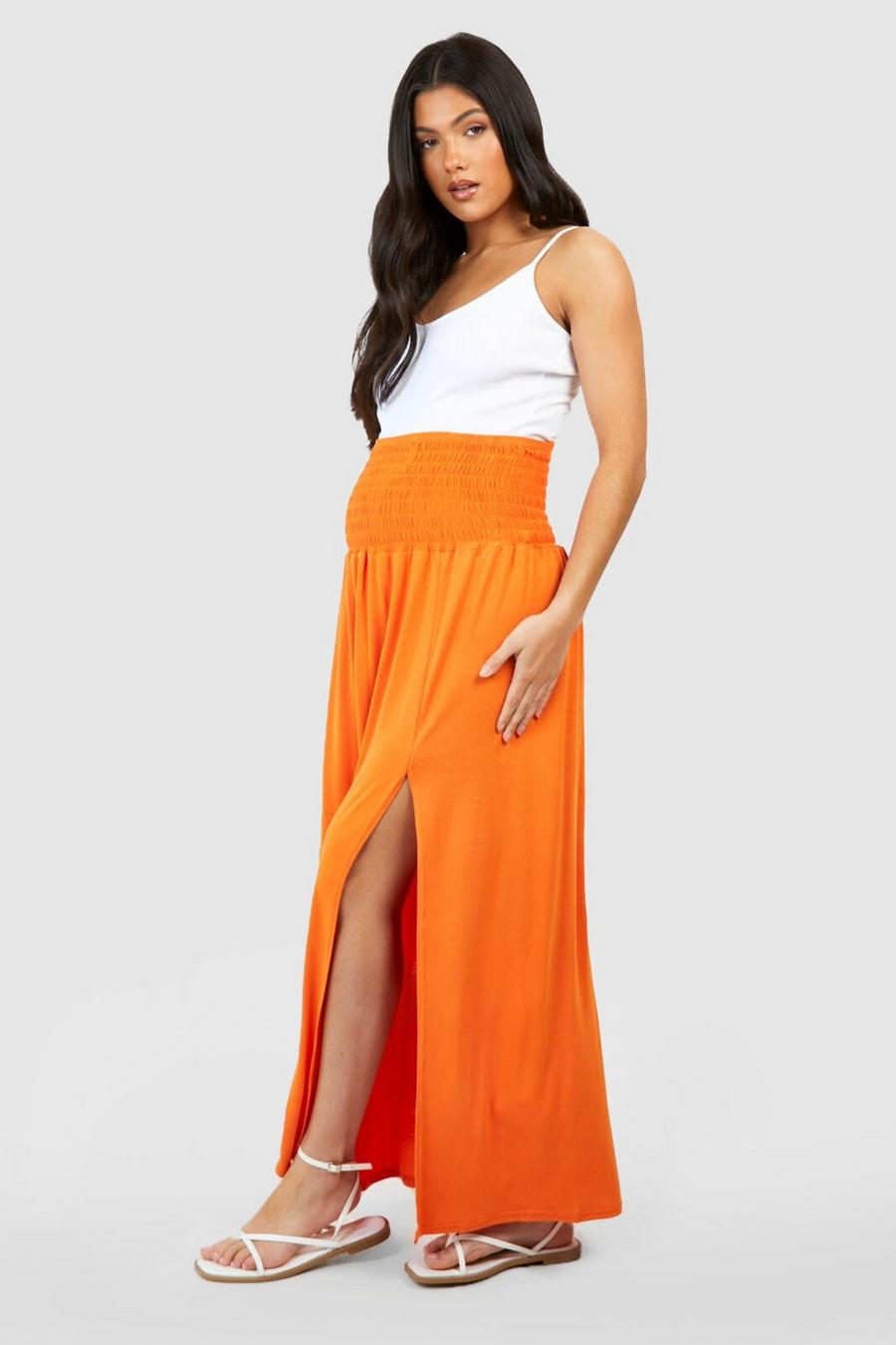 Orange Maternity Shirred Waist Split Maxi Skirt image number 1