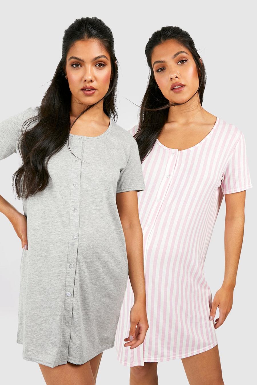 Grey marl Maternity 2 Pack Stripe Button Front Nightie image number 1