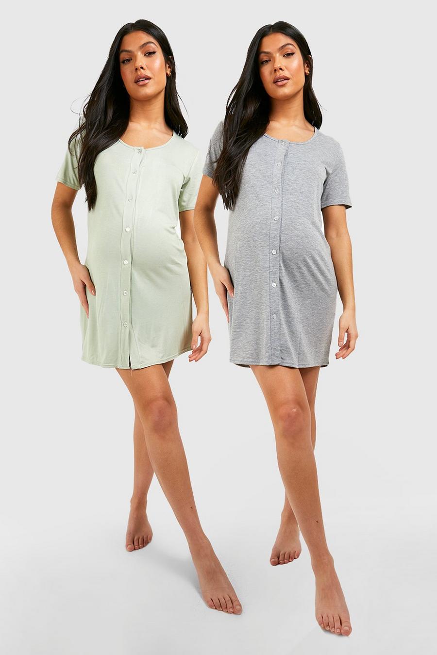 Grey marl gris Maternity 2 Pack Button Front Nightie image number 1