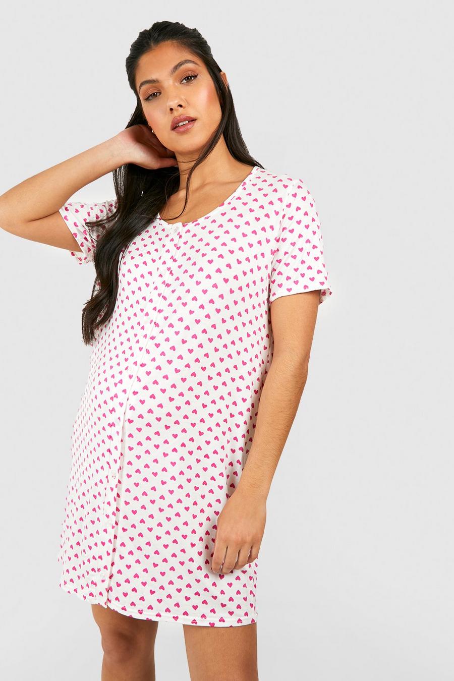 Pink Maternity Button Front Heart Print Nightgown image number 1