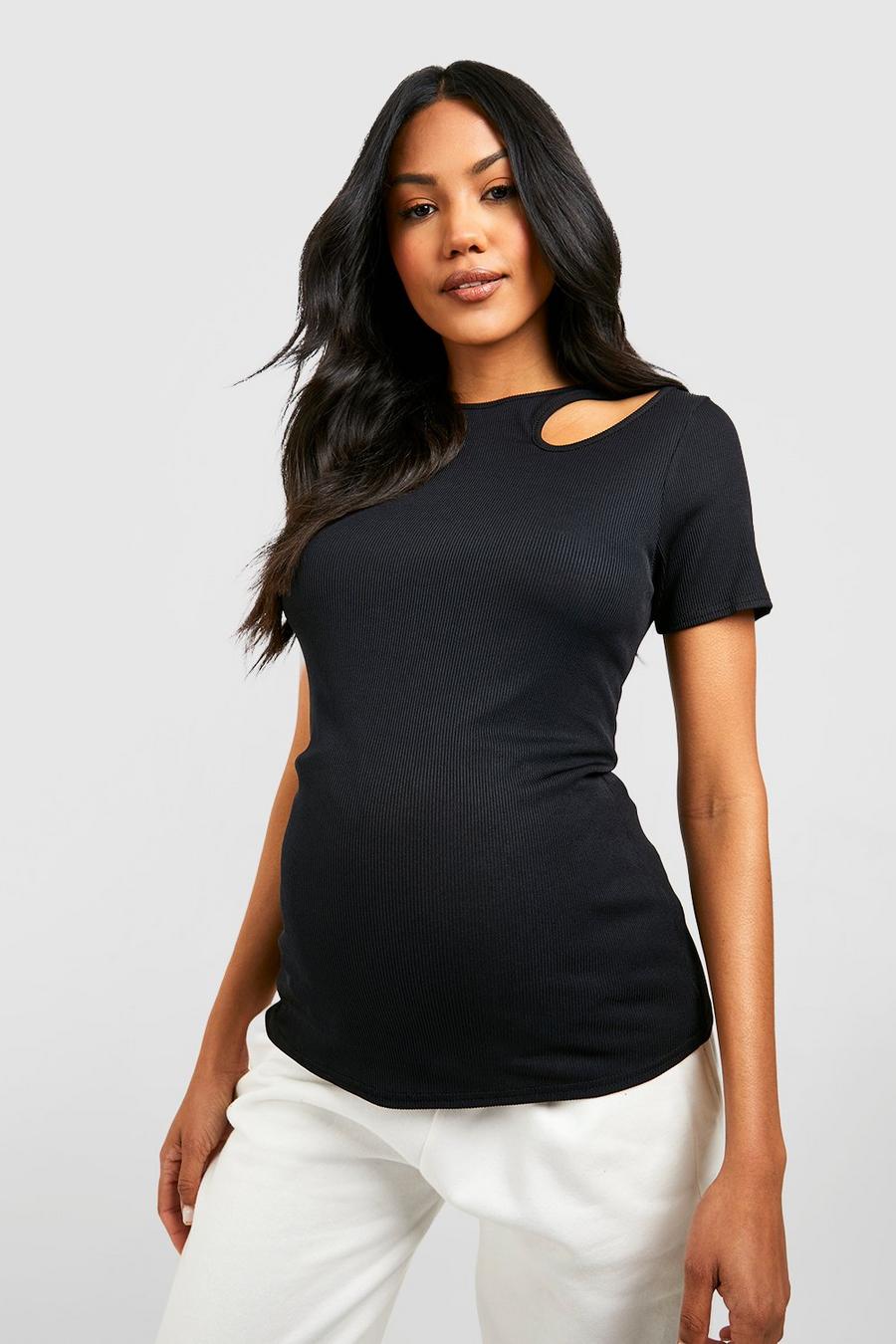 Black Maternity Rib Cut Out Short Sleeve T-shirt image number 1