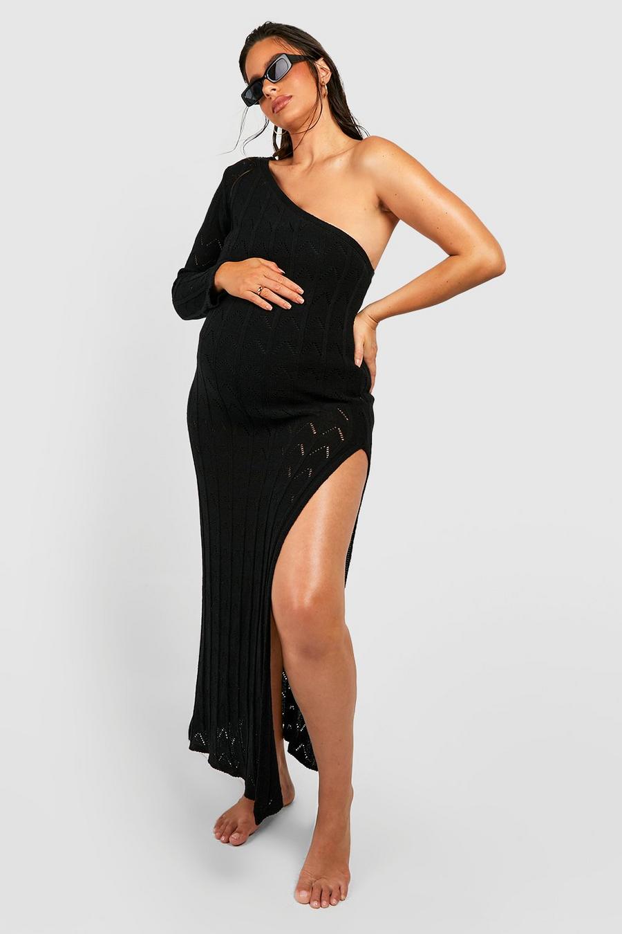Black Maternity One Shoulder Crochet Beach Dress