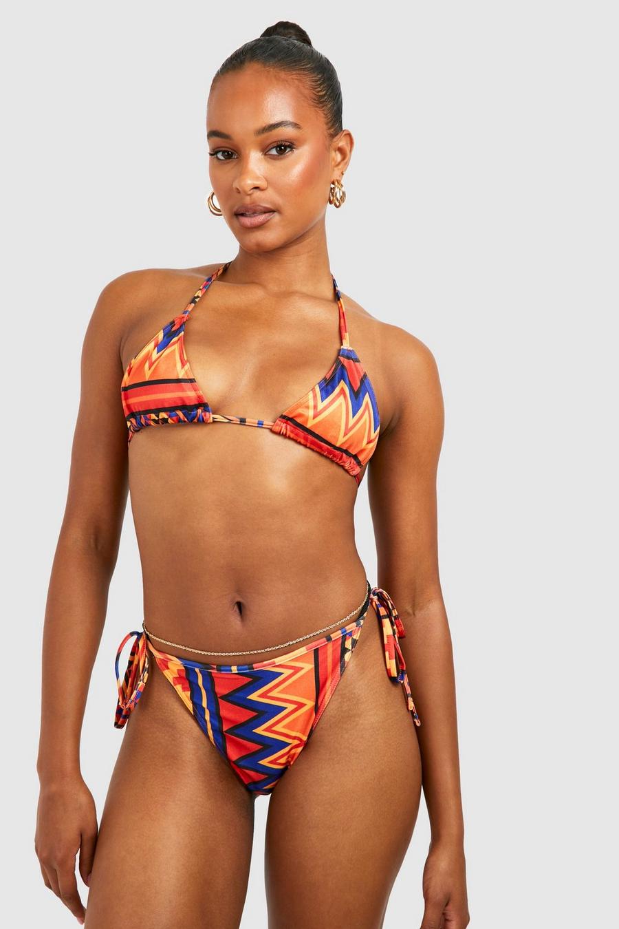 Multi Tal Driehoekige Aztec Print Bikini Set Met Zijstrikjes