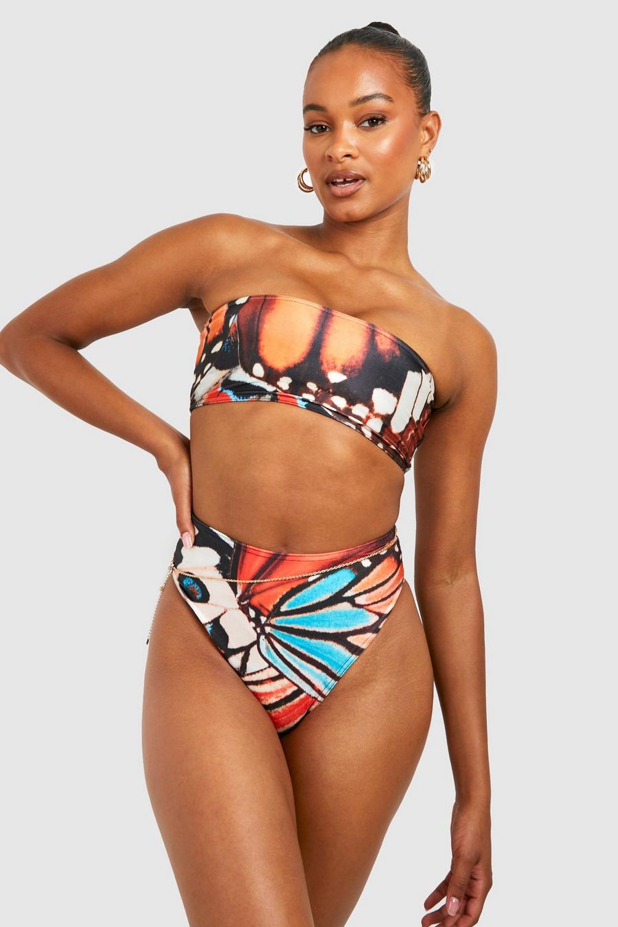 Tall Bandeau-Bikini mit hohem Bund und Schmetterlings-Print, Multi image number 1