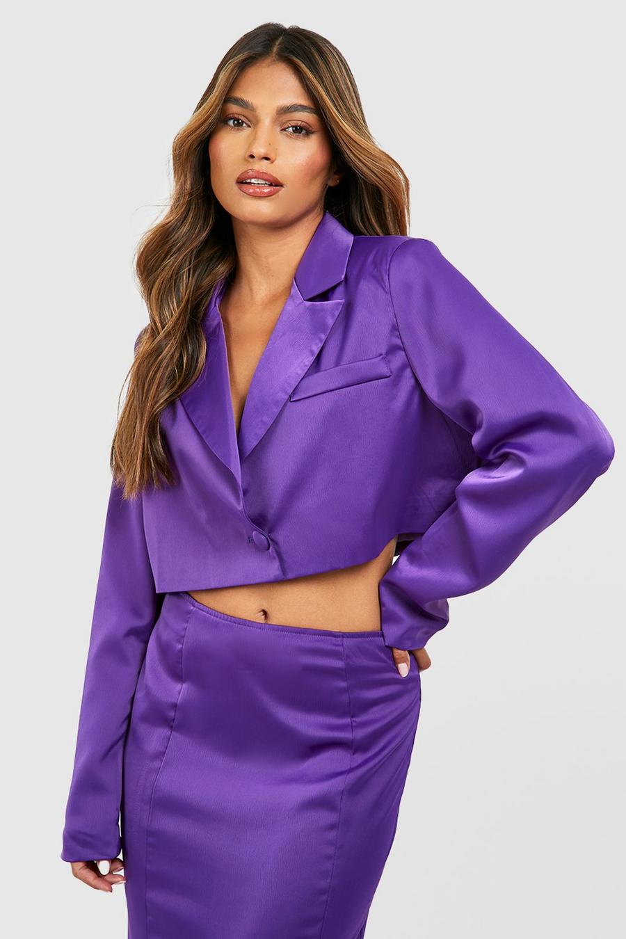 Jewel purple Matte Satin Cropped Tailored Blazer image number 1