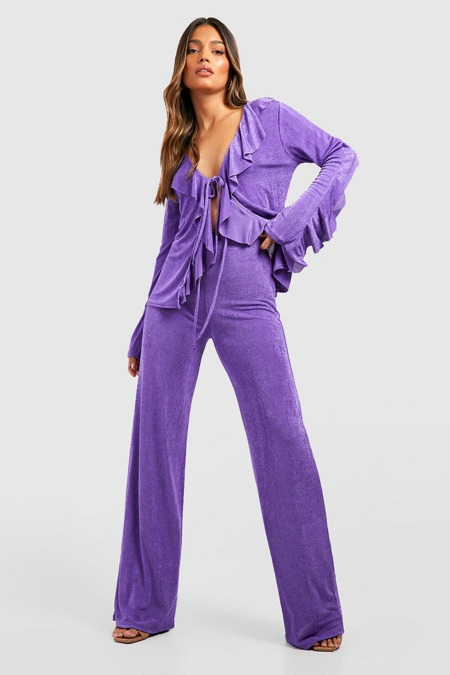 Jewel purple Textured Slinky Wide Leg Pants image number 1