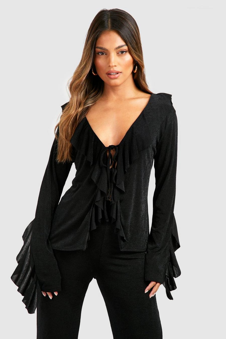 Black Textured Slinky Tie Front Ruffle Blouse