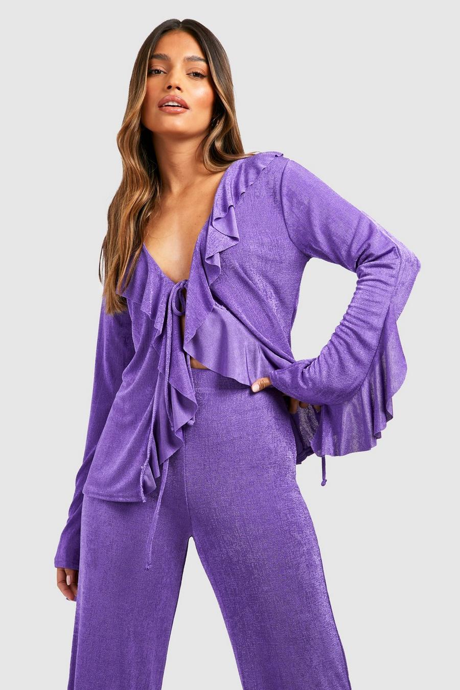 Strukturiertes geschnürte Rüschen-Bluse, Jewel purple image number 1
