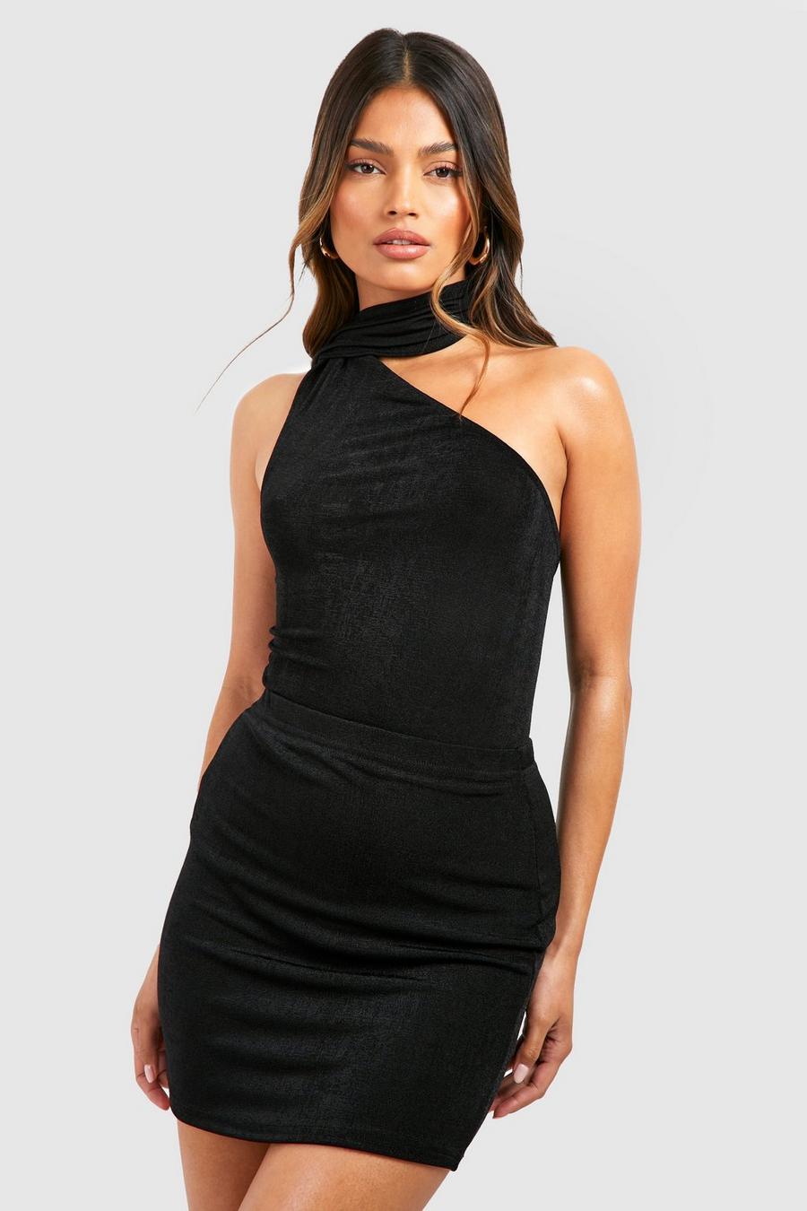 Black Textured Slinky Drape Front Tie Neck Bodysuit & Mini Skirt image number 1