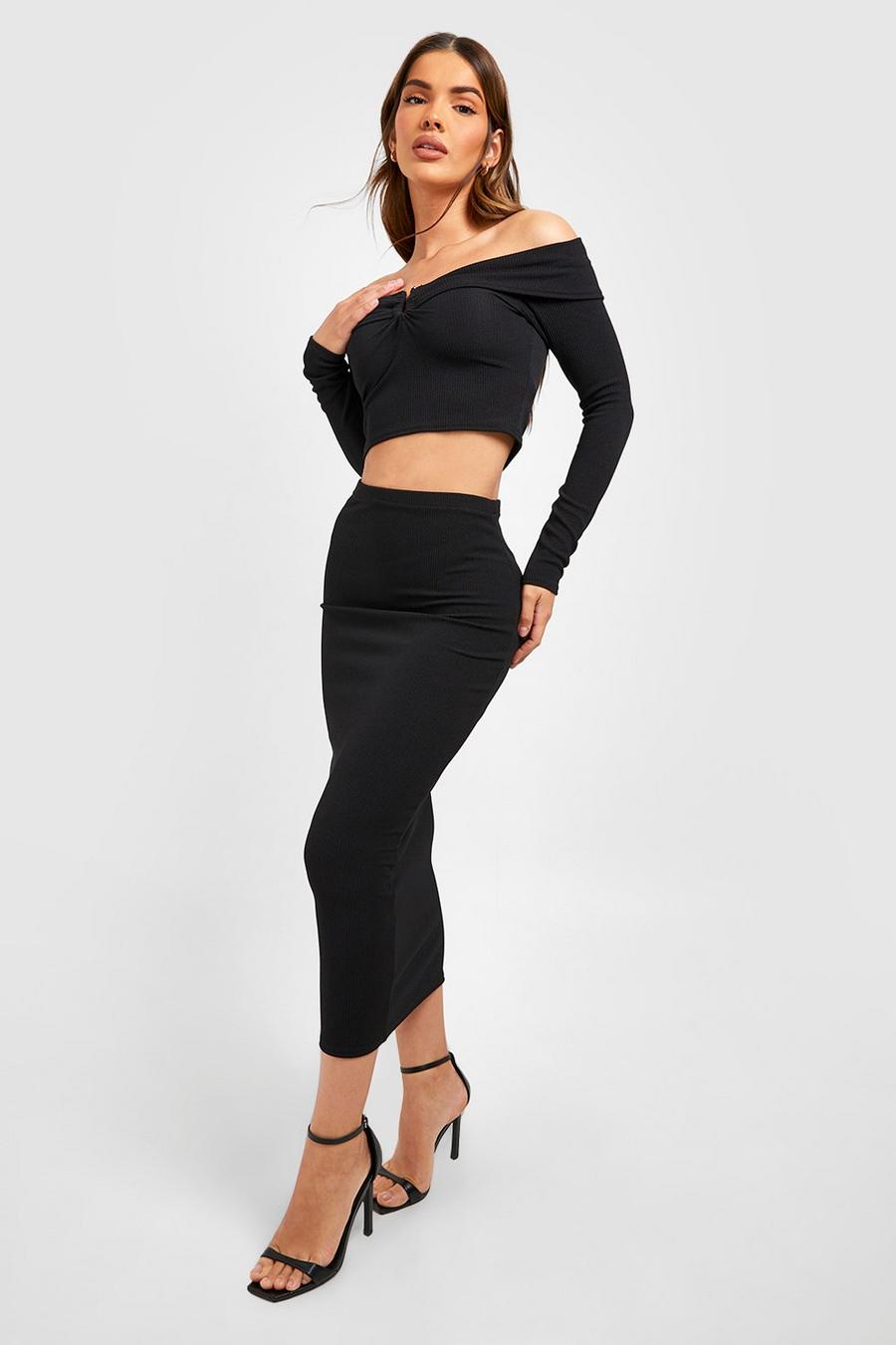 Black Ribbed Off The Shoulder Long Sleeved Top & Midi Skirt image number 1