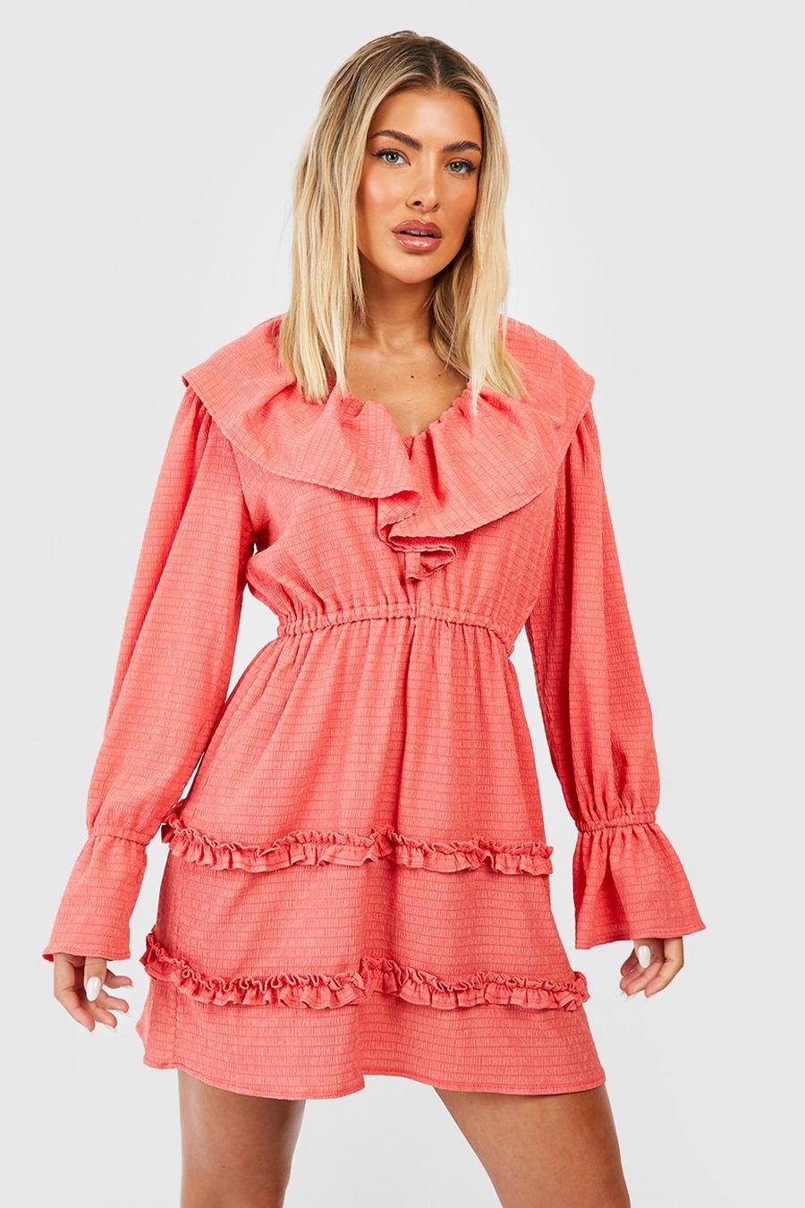 Coral Textured Ruffle Skater Sundress image number 1