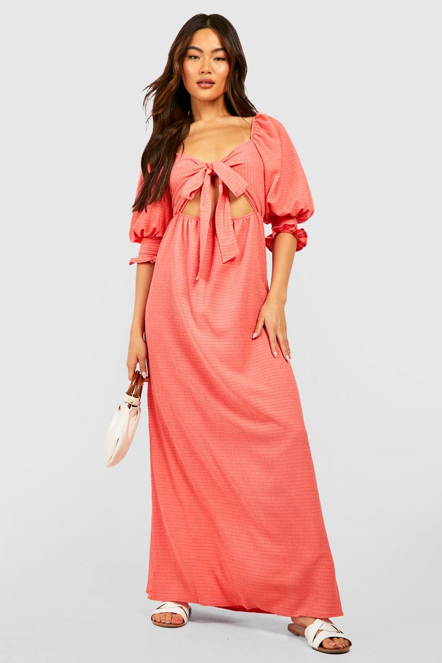 Coral Textured Tie Front Midi Dress image number 1