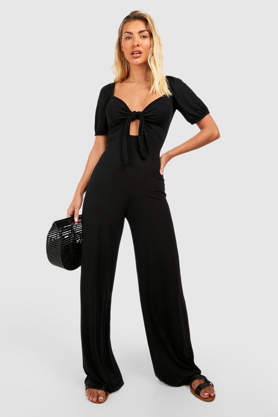 Black Puff Sleeve Tie Front Jumpsuit  image number 1