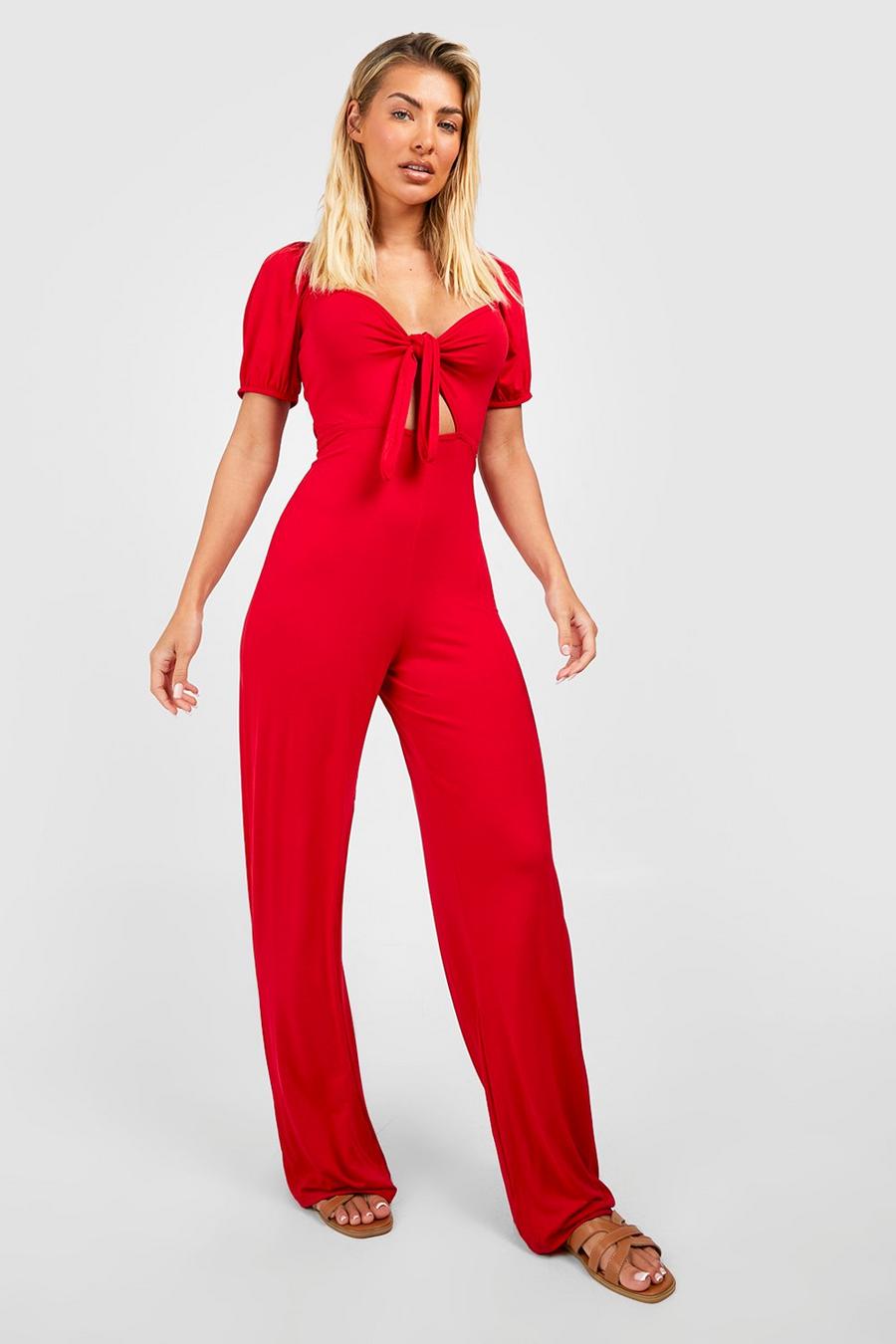 Red Puff Sleeve Tie Front Jumpsuit 