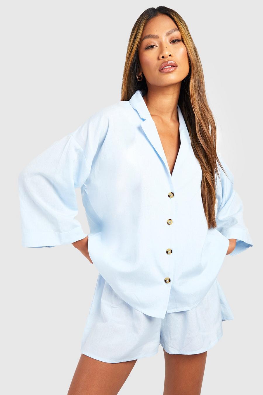 Camicia pigiama oversize in lino, Blue image number 1