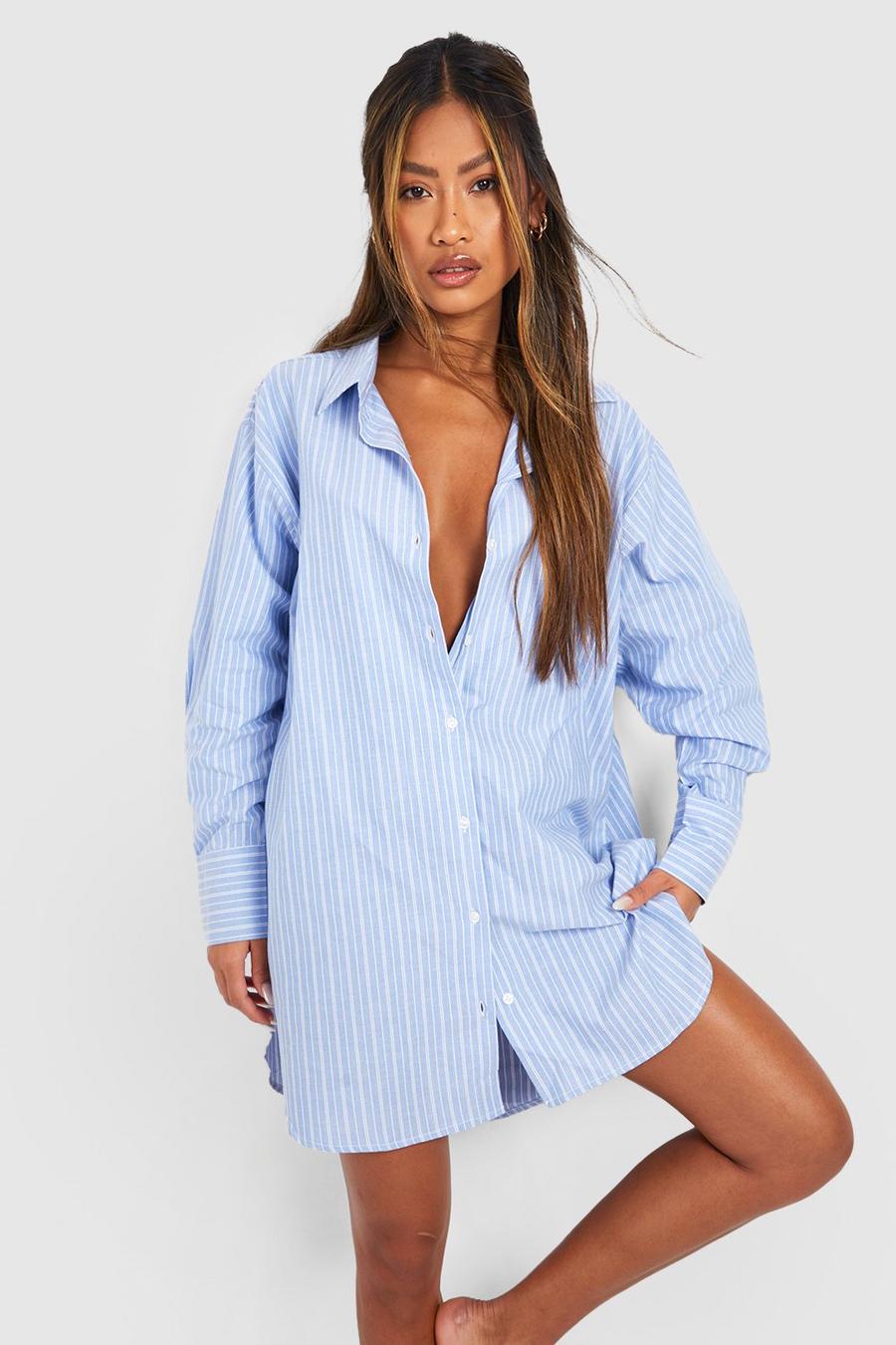 Camisón de pijama oversize de algodón con rayas, Blue image number 1