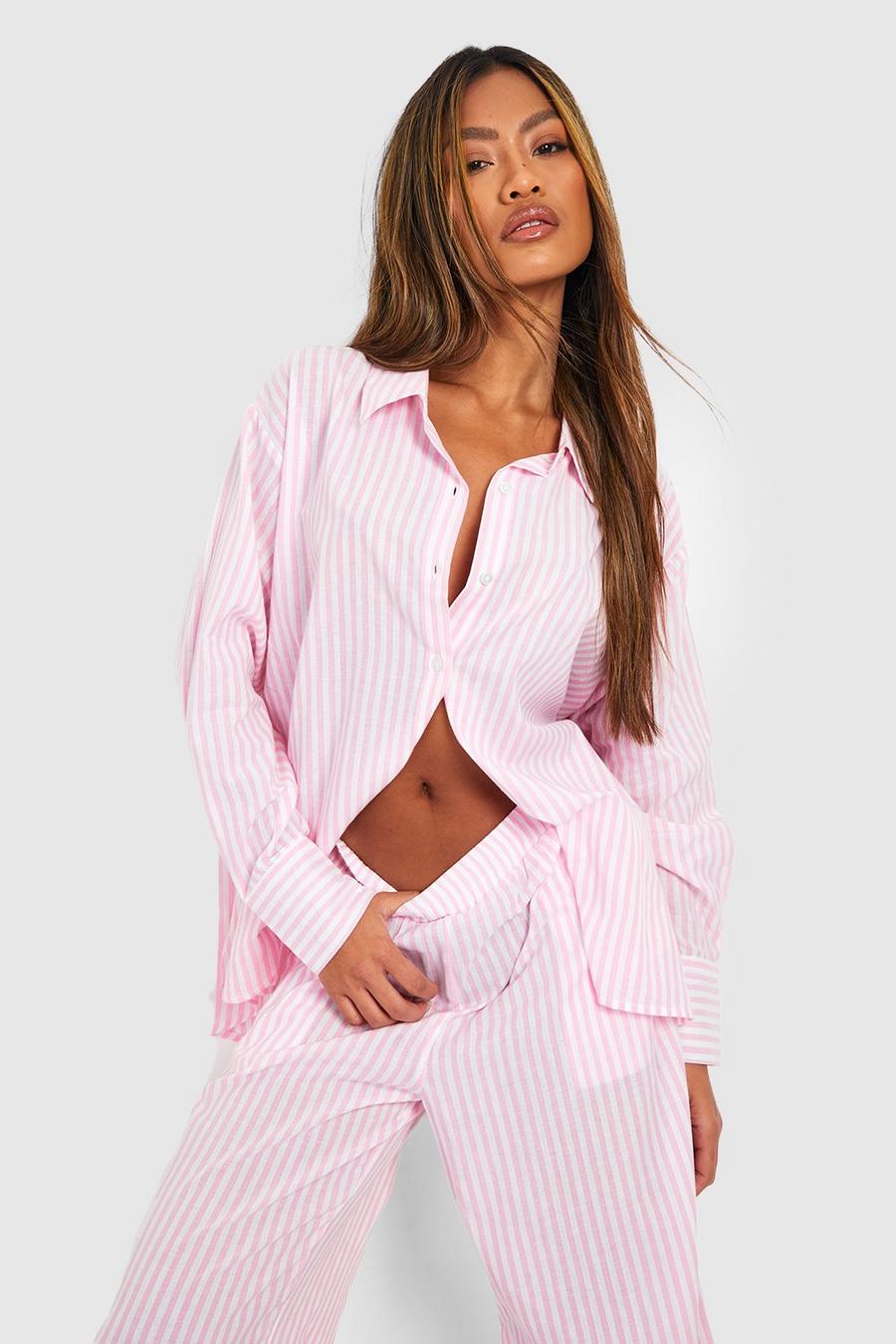 Pink Oversize randig pyjamasskjorta i bomullstyg image number 1
