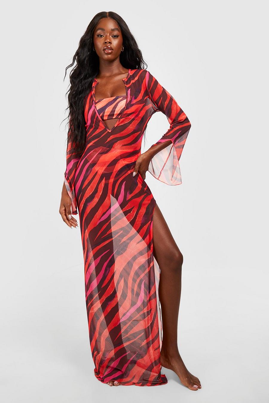 Red Zebra Cover Up Maxi Beach Kaftan image number 1