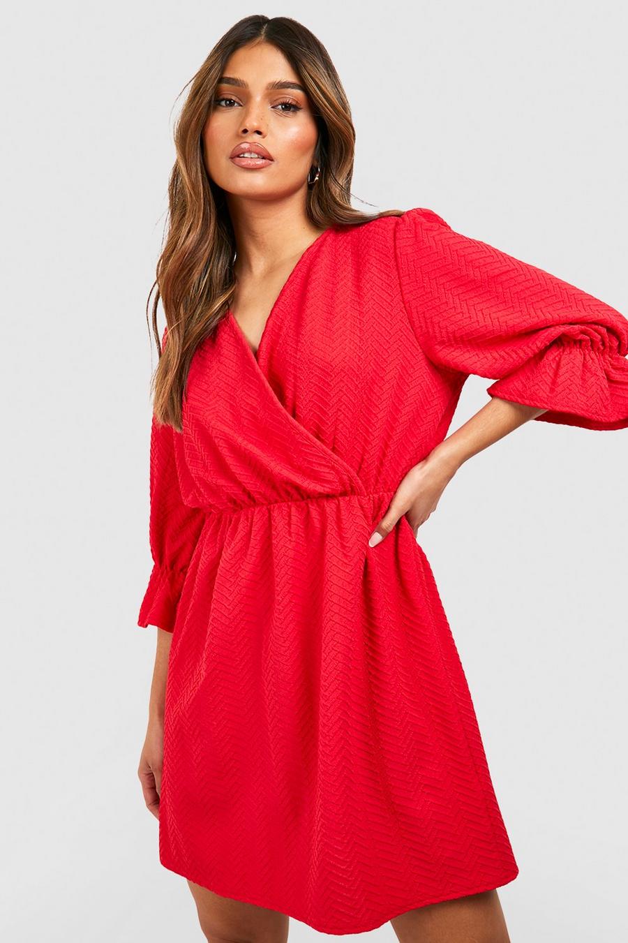 Red Textured Ruffle Details Skater Dress image number 1