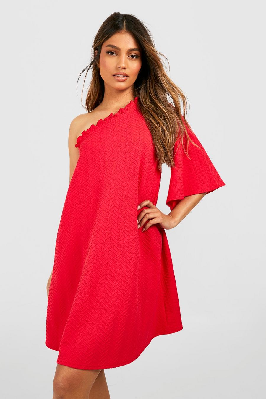 Red Textured One Shoulder Swing Dress