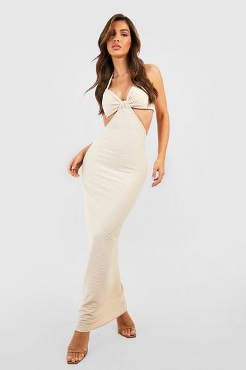 Stone Beige Textured Cut Out Maxi Dress