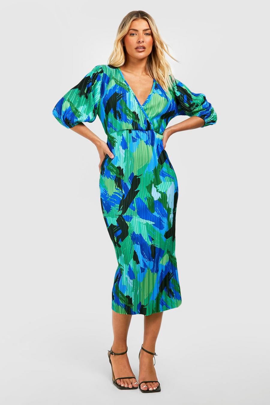 Green Tropical Plisse Puff Sleeve Midi Dress image number 1