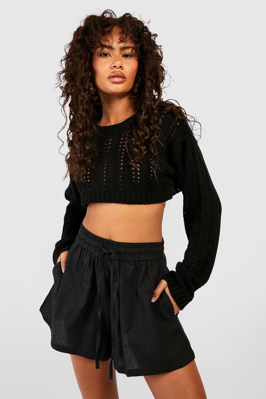 Black crochet crop long sleeve top
