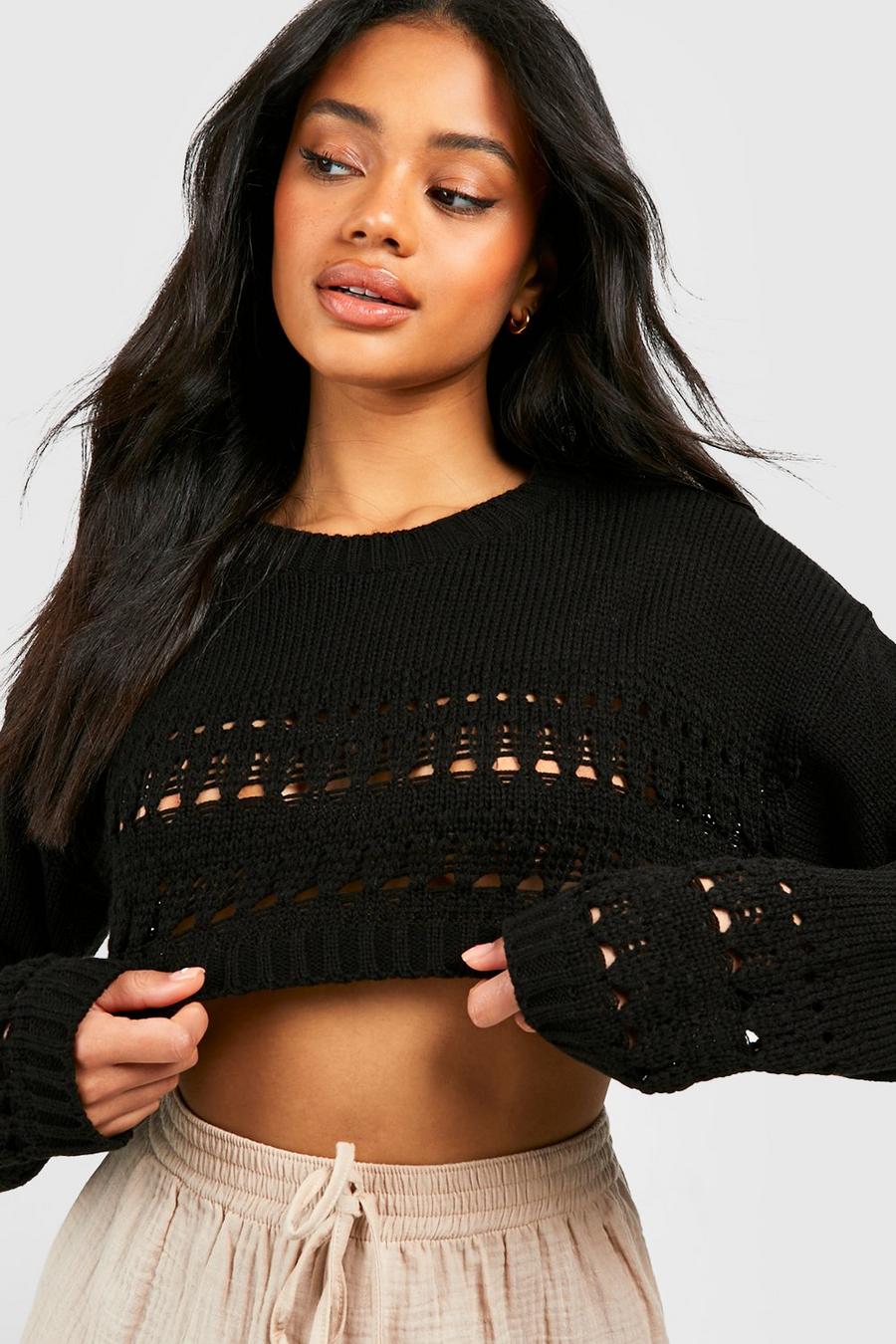 Black Crochet Hem Crop Sweater image number 1