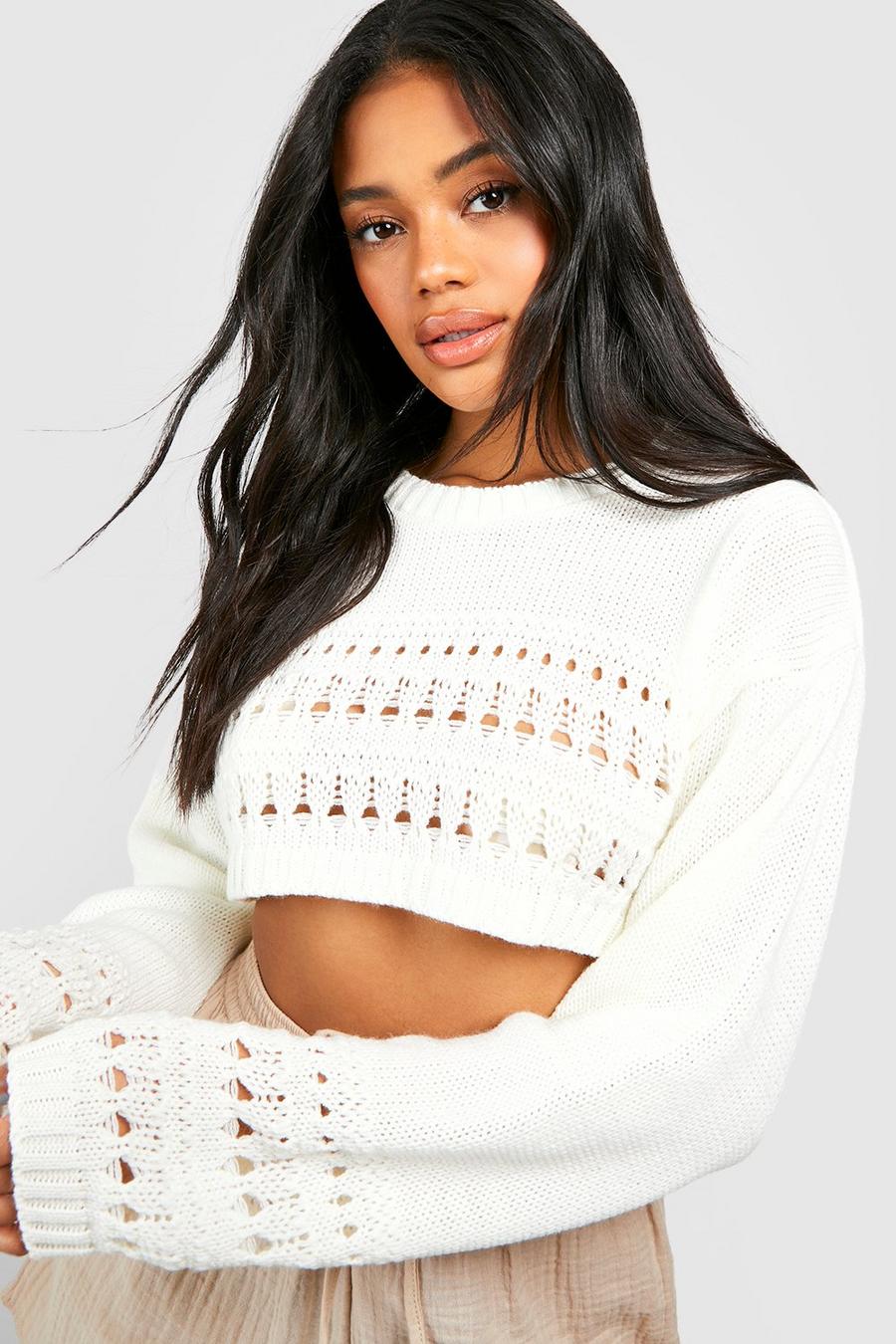 Ecru white Crochet Hem Crop Sweater