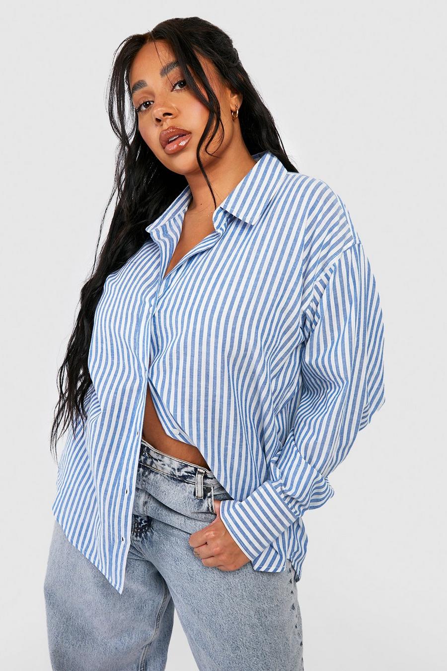 Camicia Plus Size oversize in lino a righe, Blue image number 1