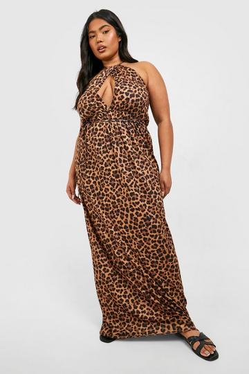 Multi Plus Jersey Knit Leopard Halter Maxi Dress