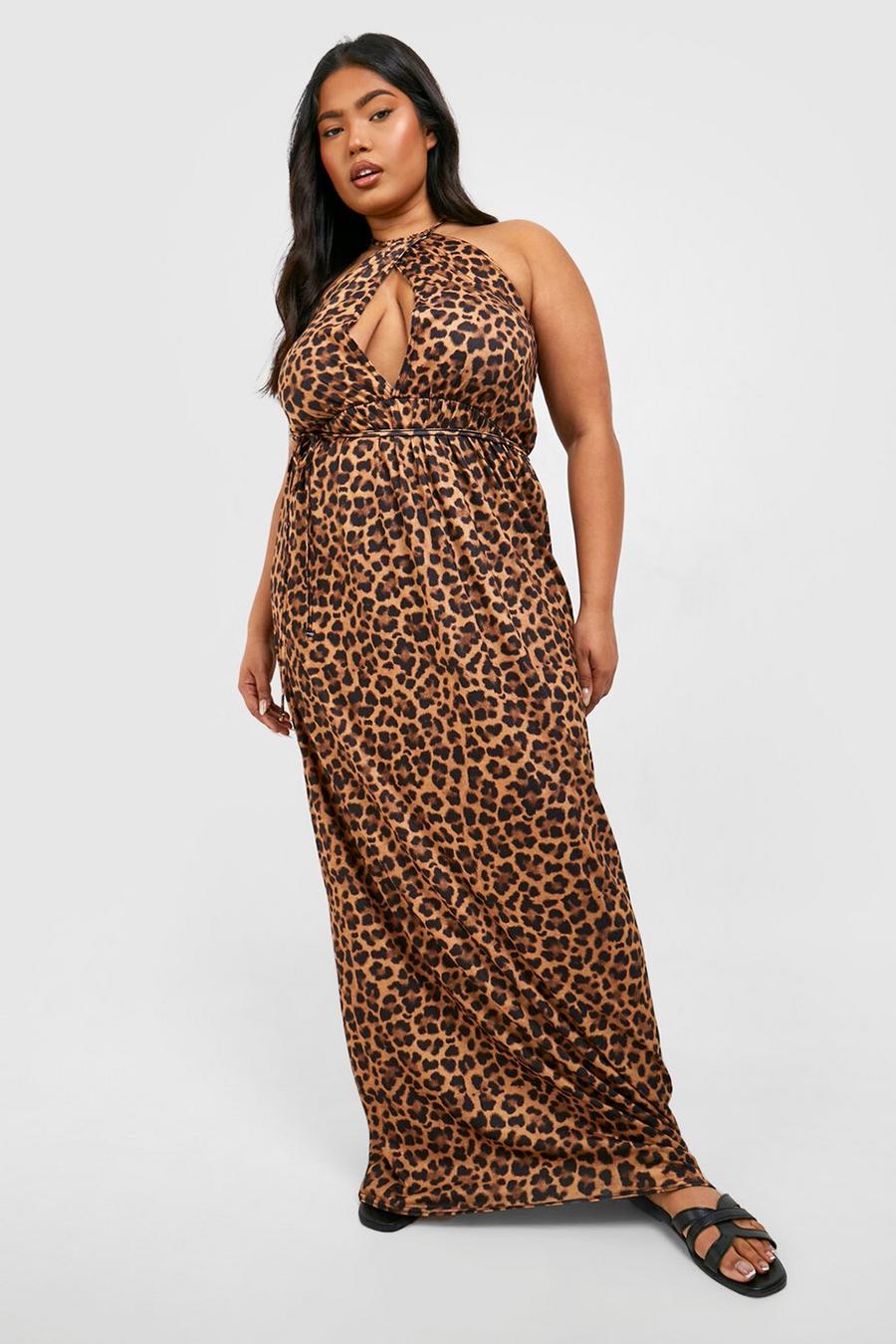 Plus Jersey Knit Leopard Halter Maxi Dress