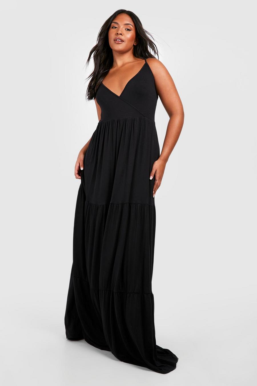 Black Plus Jersey Knit Strappy Tiered Maxi Dress image number 1