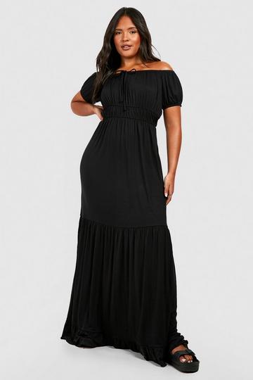 Black Plus Jersey Knit Off Shoulder Tiered Maxi Dress