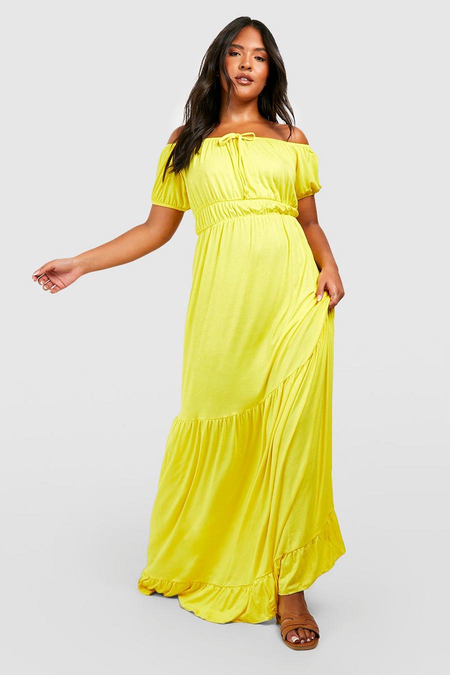 Lemon yellow Plus Jersey Knit Off Shoulder Tiered Maxi Dress