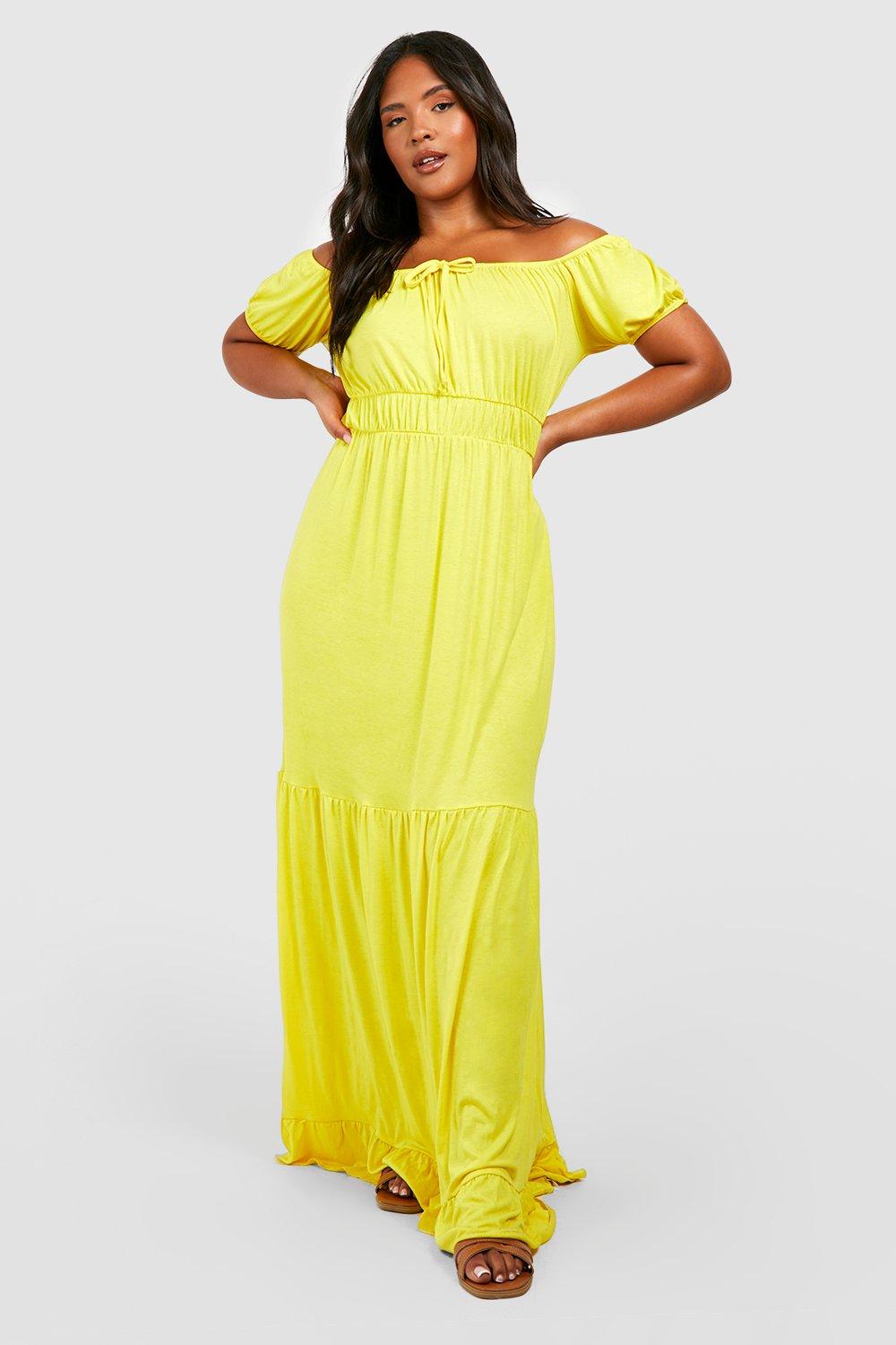 Plus size yellow off the store shoulder dress