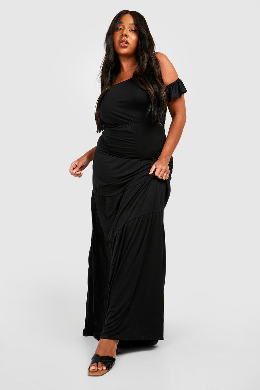 Black Plus Jersey Off The Shoulder Tiered Maxi Dress image number 1