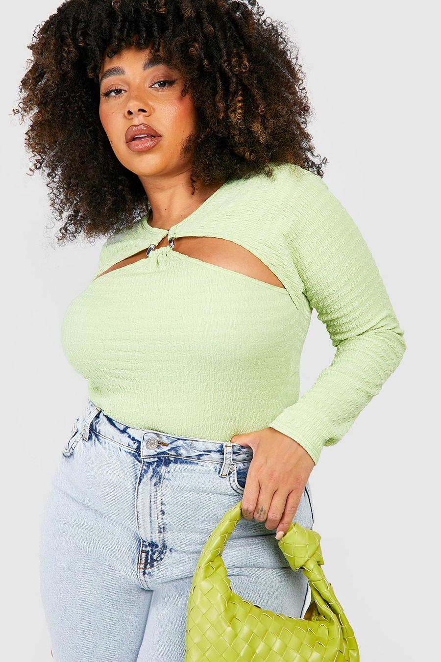 Plus Ring Detail Textured Cut Out Bodysuit, Lime green