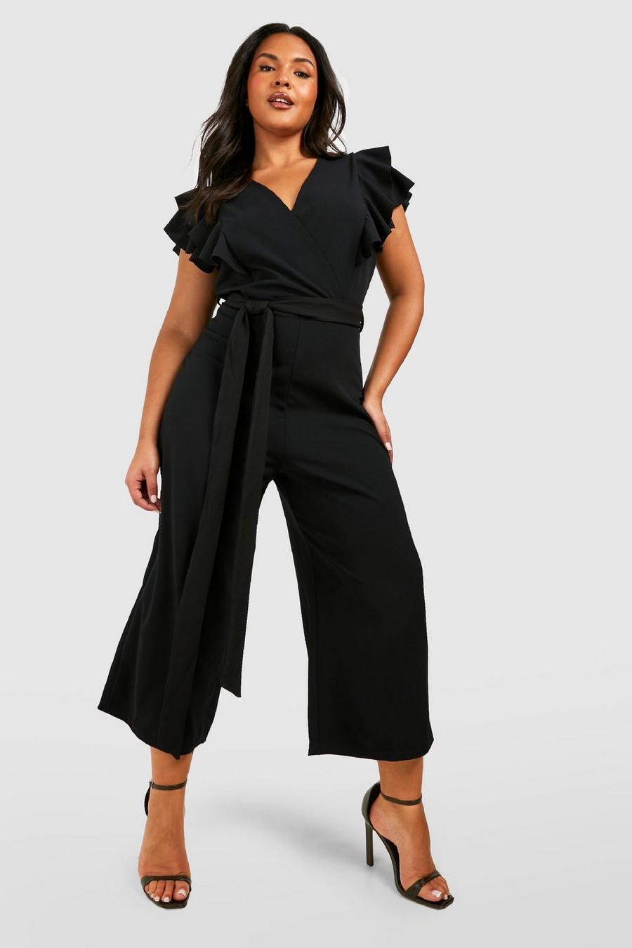 Plus Culotte-Jumpsuit mit Rüschen-Detail und Gürtel, Black