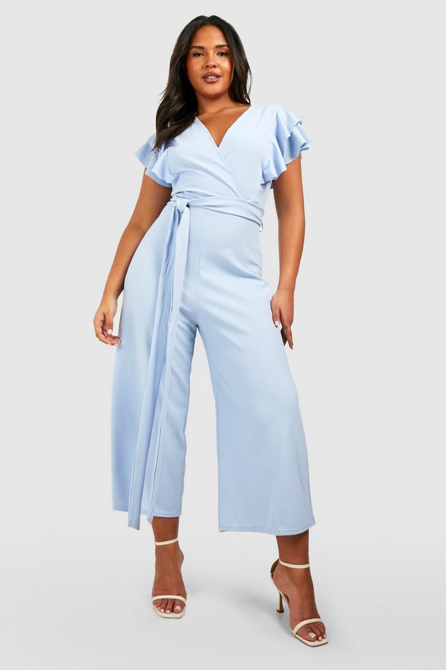 Powder blue Plus Ruffle Detail Belted Culotte Jumpsuit  image number 1