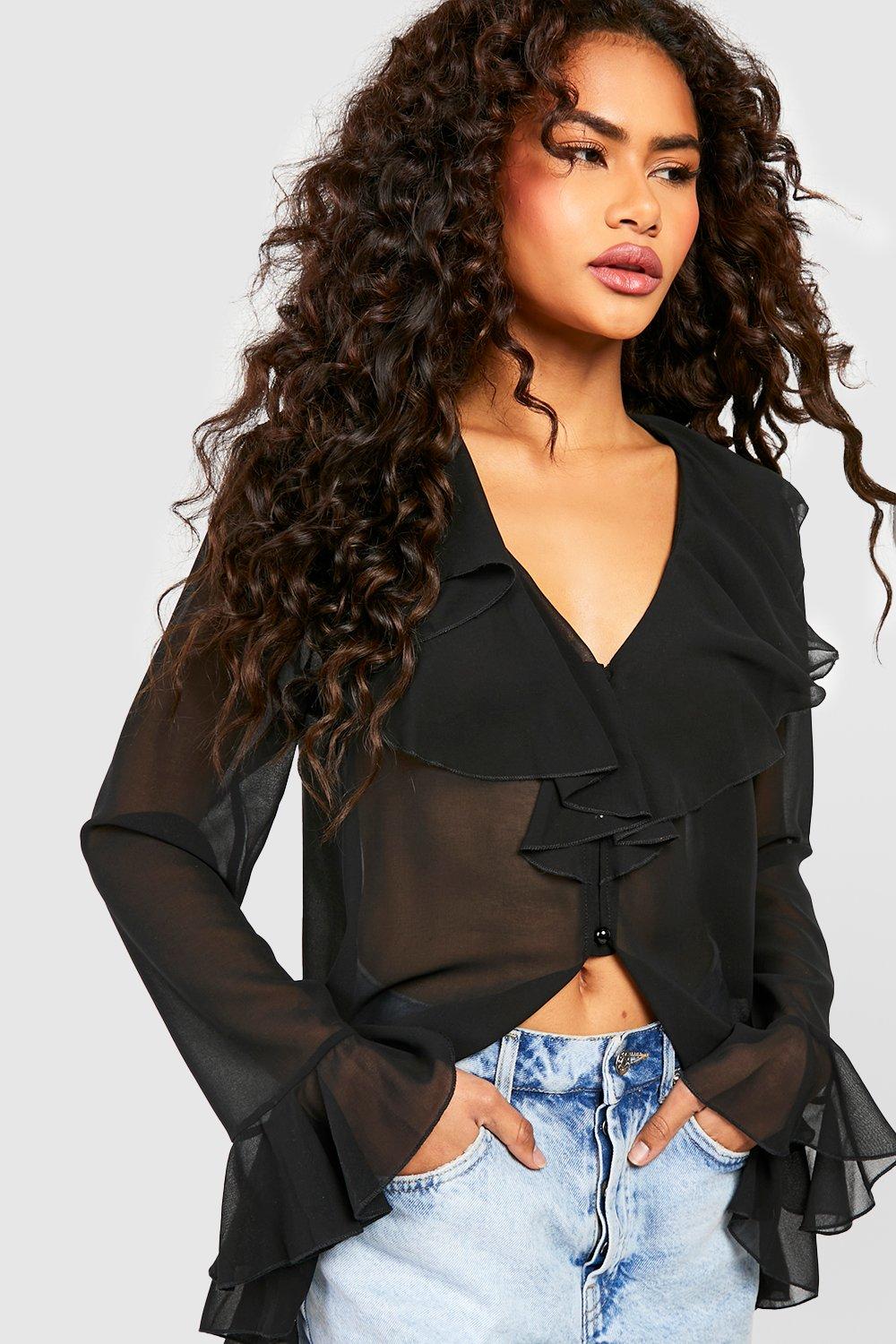 Chiffon Ruffle Open Front Blouse | boohoo