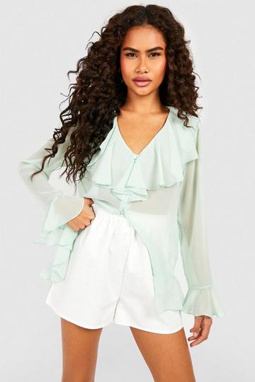 Chiffon Ruffle Open Front Blouse sage