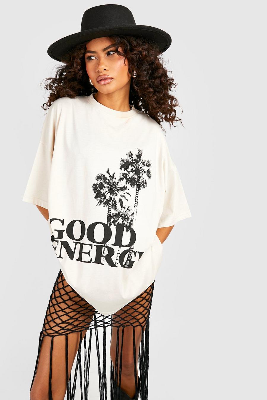 T-shirt super oversize con grafica Good Energy, Stone image number 1