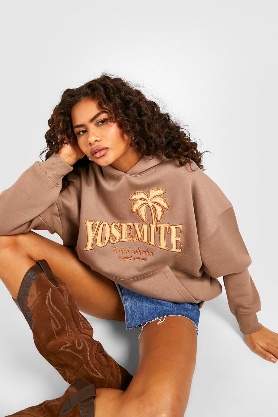 Taupe beige Yosemite Slogan Chenille Applique Oversized Hoodie  image number 1
