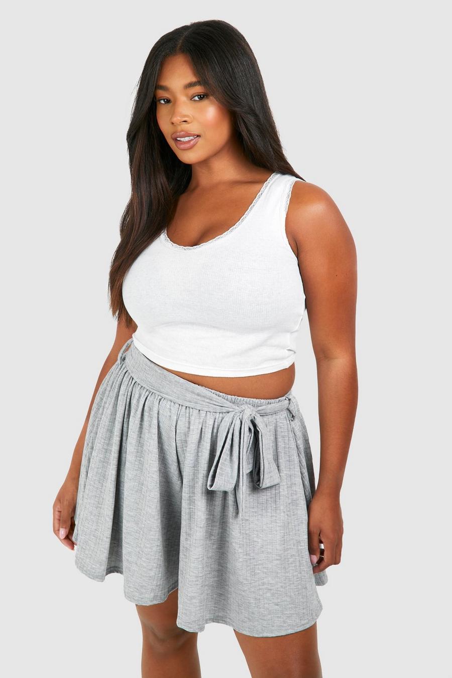 Grey Plus Rib Belted Flowy Shorts image number 1