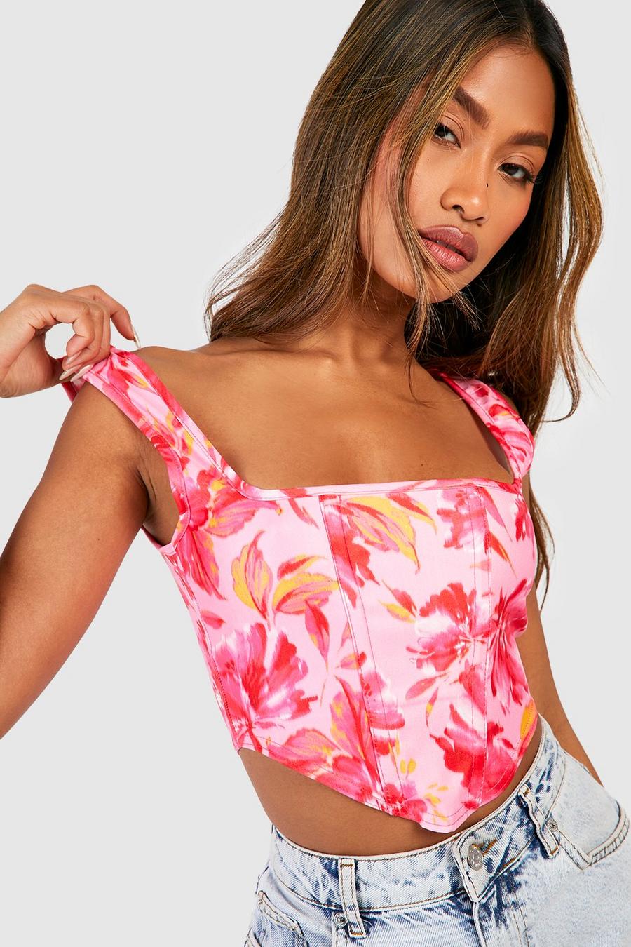 Top a corsetto in bengalina con stampa a fiori e spalline, Pink image number 1